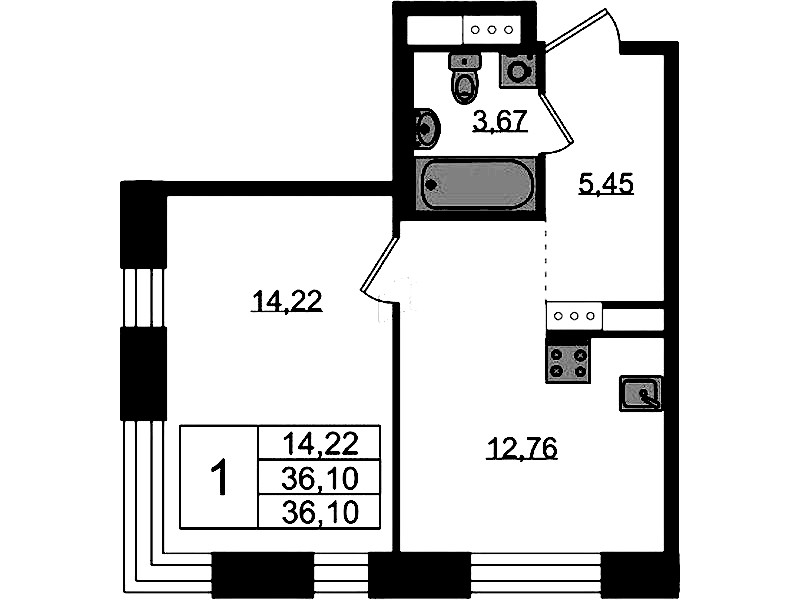 1-комнатная квартира 36.1 м², 5/5 эт., ЖК «Plus Пулковский»